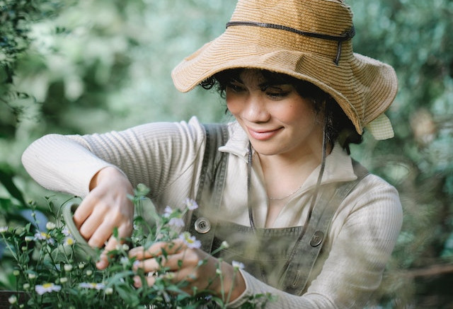 girl trimming bushes