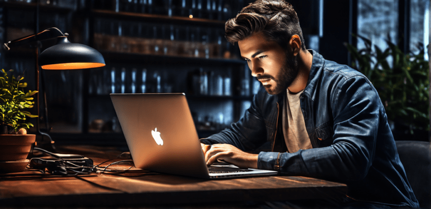 Man working on Laptop in dark room